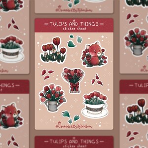 Feuille d'autocollants tulipes et objets | Cottagecore | Illustration | Mignon | Kawaii | Fleurs | Fleurs | Esthétique | Jolie | Sorcière |