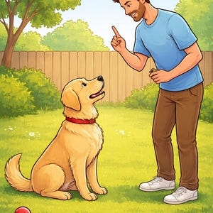 Può includere: Illustrazione di un cane golden retriever seduto sull'erba verde, con un collare rosso. Una persona con una camicia blu e pantaloni marroni indica il cane. Una palla rossa e un giocattolo a forma di osso blu sono sull'erba.
