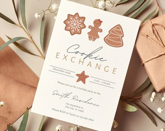 Może przedstawiać: Świąteczne zaproszenie z napisem "Cookie Exchange" i ilustracjami ciasteczek. Zaproszenie znajduje się na kremowej karcie z brązową kopertą i zapakowanym prezentem. Zaproszenie zawiera datę, godzinę i informacje RSVP.