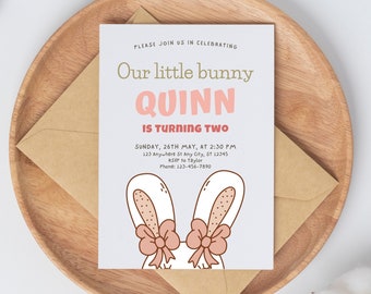 Roze Bunny kind verjaardagsuitnodiging | Lente verjaardag uitnodigen, Bunny verjaardag uitnodigen, lente partij uitnodigen, aangepaste verjaardag partij uitnodiging