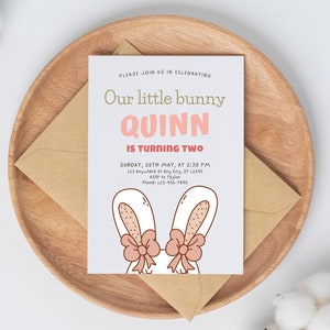 Pink Bunny Child Birthday Invitation | Spring Birthday Invite, Bunny Birthday Invite, Spring Party Invite, Custom Birthday Party Invitation