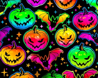 Neon Halloween Pumpkin and Bats Tumbler Wrap - Witchy Jack O&#39; Lantern Spooky Design (Digital File, 20 oz Skinny Sublimation)