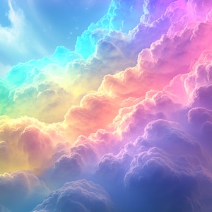 Pode incluir: Uma imagem vibrante de nuvens fofas em um gradiente de cores, incluindo azul, turquesa, amarelo, rosa e roxo. As nuvens são densamente compactadas, criando uma atmosfera sonhadora e etérea, que lembra um pôr do sol ou nascer do sol.