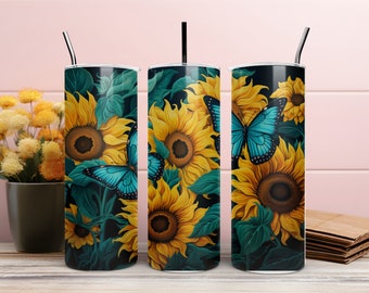 Sunflower with Butterfly Tumbler Design and Sunflower with Butterfly Wrap Design, 20 oz Tumbler Wrap Sublimation Design