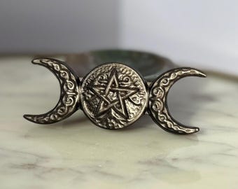 Obsidiana plateada con triple luna y pentáculo tallado, cristal natural