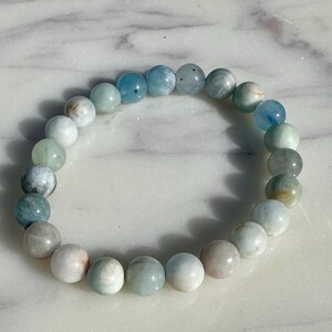Aquamarine Natural Crystal Gemstone Beaded Birthstone Bracelet - 8mm