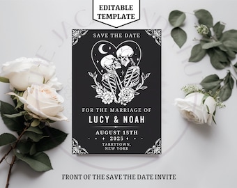 Black Gothic Wedding Invitation Wedding Save The Date Invitation Printable Invitation Goth Wedding Black Invitation Skeleton Editable Invite