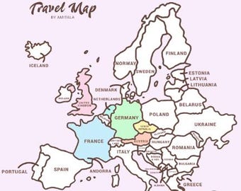 Afdrukbare kleurkaart Europa, Europa-reiskaart downloaden voor kinderen en volwassenen, reisactiviteitenkaart, leuke en leerzame kaart, educatieve kaart