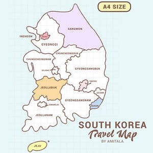 Mapa de viajes de Corea del Sur, guía de viajes de Corea, mapa para colorear imprimible, mapa de ventas de Corea, mapa para colorear de descarga instantánea de Busan, Seúl, Daegu, Jeju