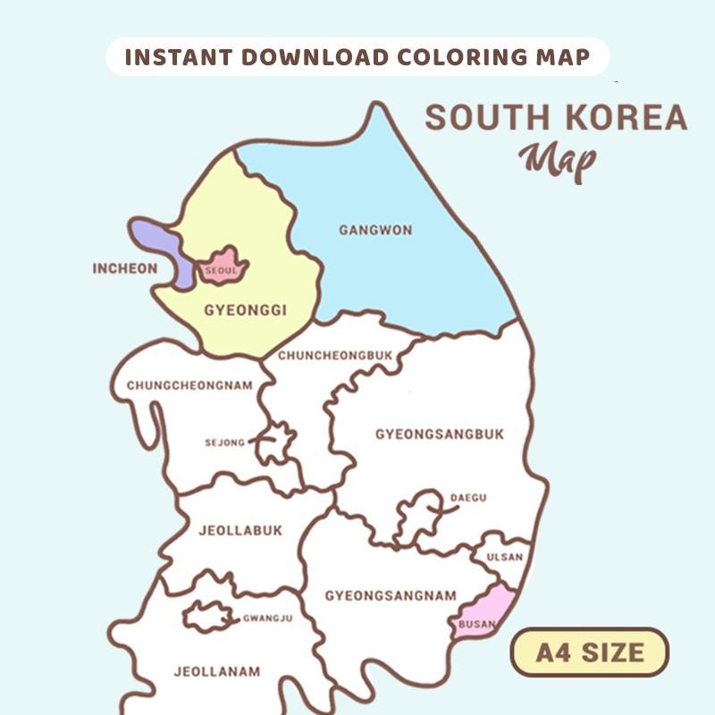 South Korea Travel Map: Printable Coloring Guide (A4 Digital Download ...