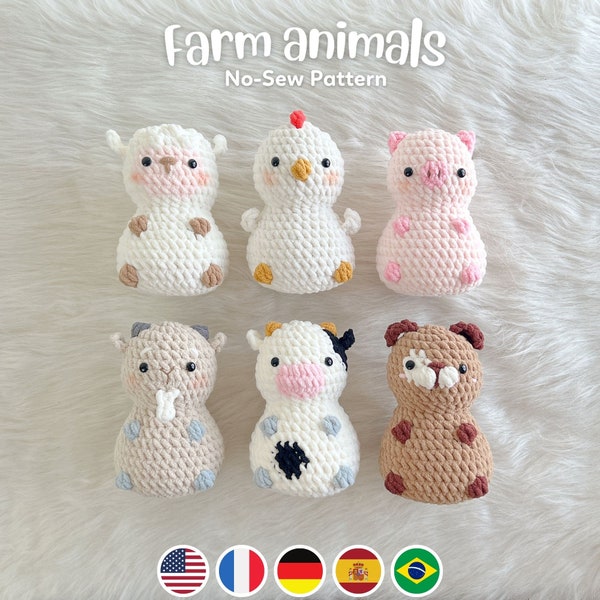 No sew 6in1 Chubby Farm Animals Crochet Pattern Bundle, Dog Sheep Cow Chicken Pig Goat Plushie Amigurumi PDF File Tutorial