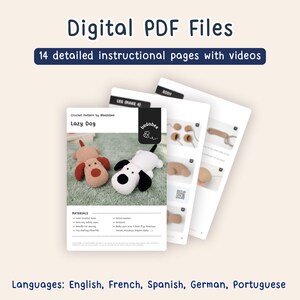 May include: Digital PDF files for crochet patterns. The image shows a crochet pattern for a Lazy Dog, with 14 detailed instructional pages and videos. The pattern includes materials and instructions. The languages available are English, French, Spanish, German, and Portuguese.