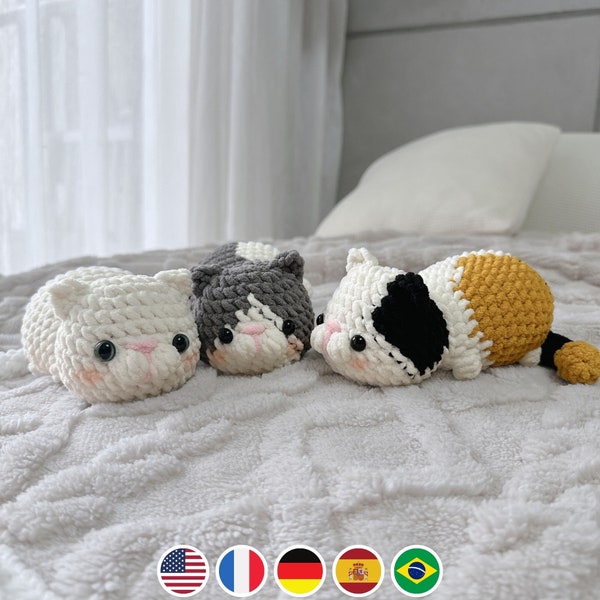 Lot 3 en 1 Patron au crochet Lazy Munchkin Cat, Tutoriel de peluche amigurumi à couture basse avec fichier PDF en anglais Deutsch Français Español Português