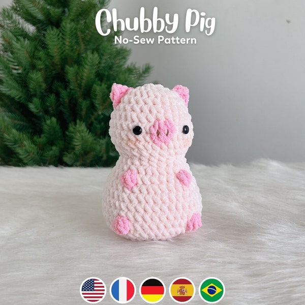 No sew Chubby Pig Crochet Pattern Bundle, Plushie Amigurumi PDF File Tutorial in English Deutsch Français Español Português