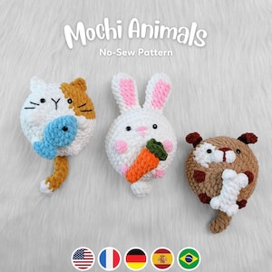 Paquete de patrones de crochet 3 en 1 sin costuras para amigurumi de gato, perro y conejo, tutorial en PDF.