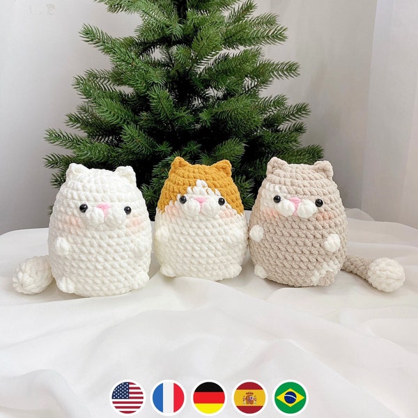 Geen naai 3in1 Chubby Cat haakpatroonbundel, Plushie Amigurumi PDF-bestand Tutorial in het Engels Deutsch Français Español Português