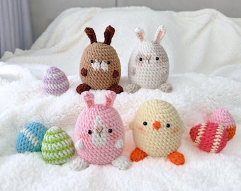 No sew 4in1 Easter Bunny and Chick Crochet Pattern Bundle, Plushie Amigurumi PDF File Tutorial in English Deutsch Français Español Português