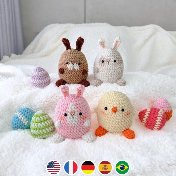 Lot de motifs au crochet 4 en 1 lapin de Pâques et poussin sans couture, peluche Amigurumi fichier PDF Tutoriel en anglais Deutsch Français Español Português