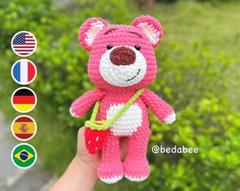 Crochet Strawberry Pink Bear Pattern, Amigurumi Plush Doll (PDF Pattern)