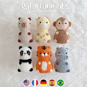 No sew 6in1 Chubby Safari Animals Crochet Pattern Bundle, Tiger Monkey Capybara Giraffe Hippo Plushie Amigurumi PDF File Tutorial