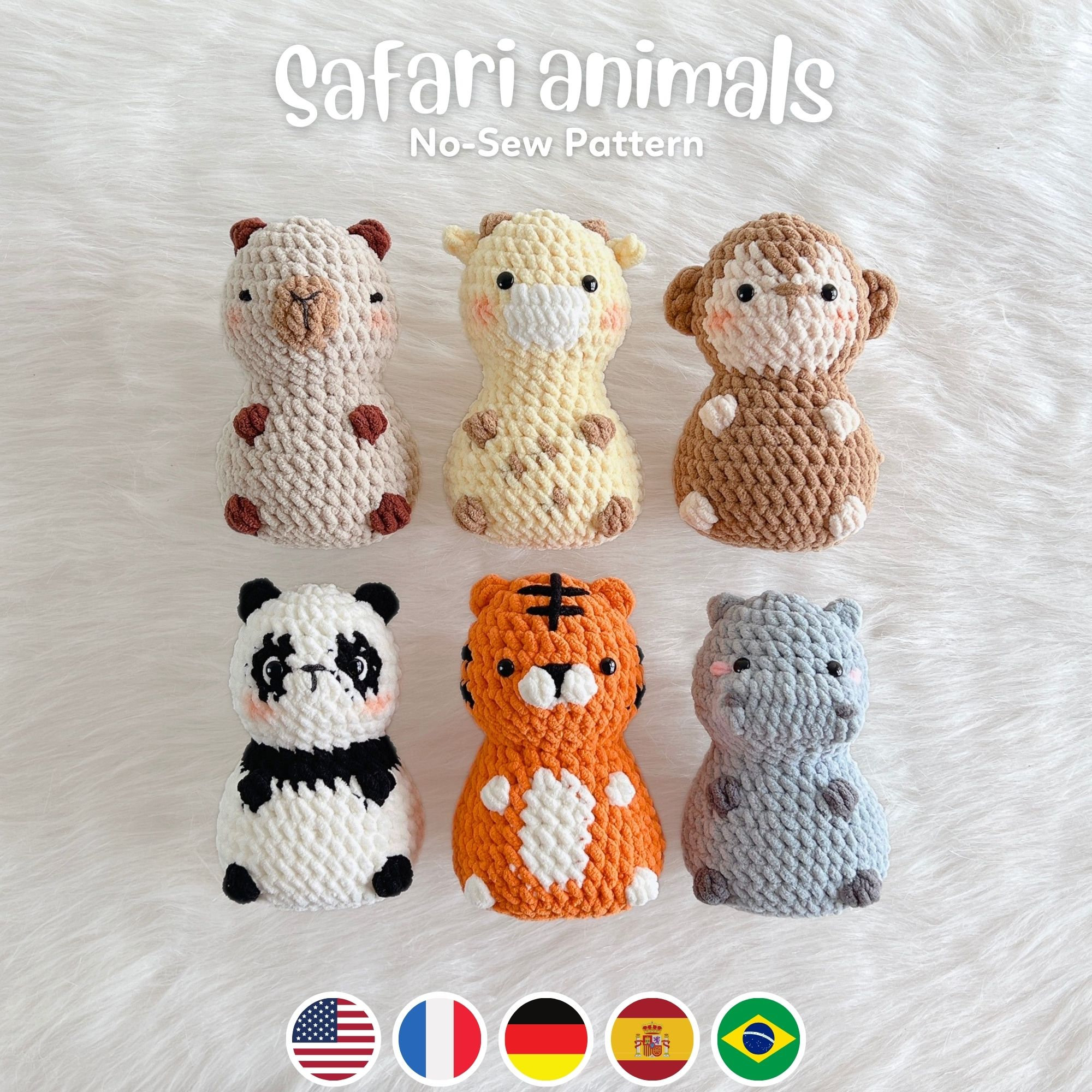No Sew 6in1 Chubby Safari Animals Crochet Pattern Bundle, Tiger