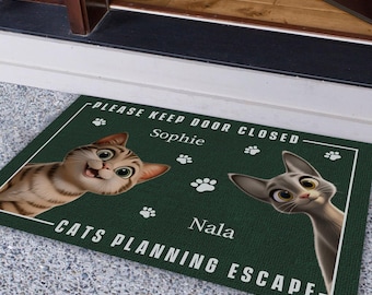 Personalized Cat Welcome Mat Keep Door Closed Cats Planning Escape Doormat Cats Welcome Mat Funny Gift for Cat Mom Cat Dad Cats Lover