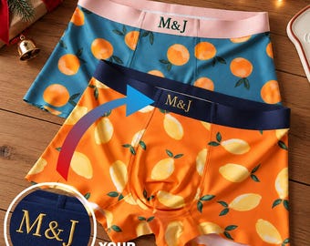 Personalisierte Herren-Boxershorts, Unterwäsche mit individueller Initialenstickerei, Boxershorts mit Zitronenmuster, lustiges Geschenk für Freund oder Ehemann