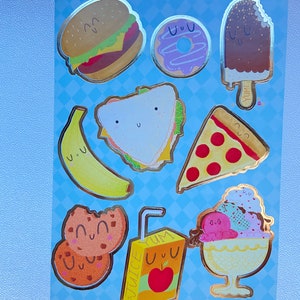 Food ice cream banana pizza junk donut topping bar sandwich burger cookies chocolate juice box strawberry 2 sheets stickers with foil trim