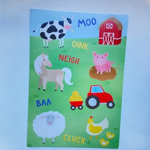 Bauernhof Tiere Scheune Schwein rosa Kuh Moo Schaf Pferd Huhn Schlamm Traktor Heu 4 Blatt Aufkleber