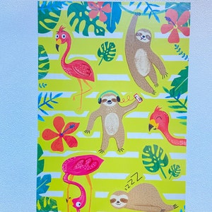 Sloth flamingo jungle pink brown green music headphones upside down leaf sweet flower laughing sleeping resting 4 sheets stickers