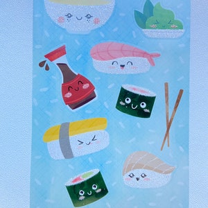 Sushi soy sauce tuna chop sticks shrimp rice wasabi bowl salmon Japanese food colorful 2 sheets stickers glitter trim