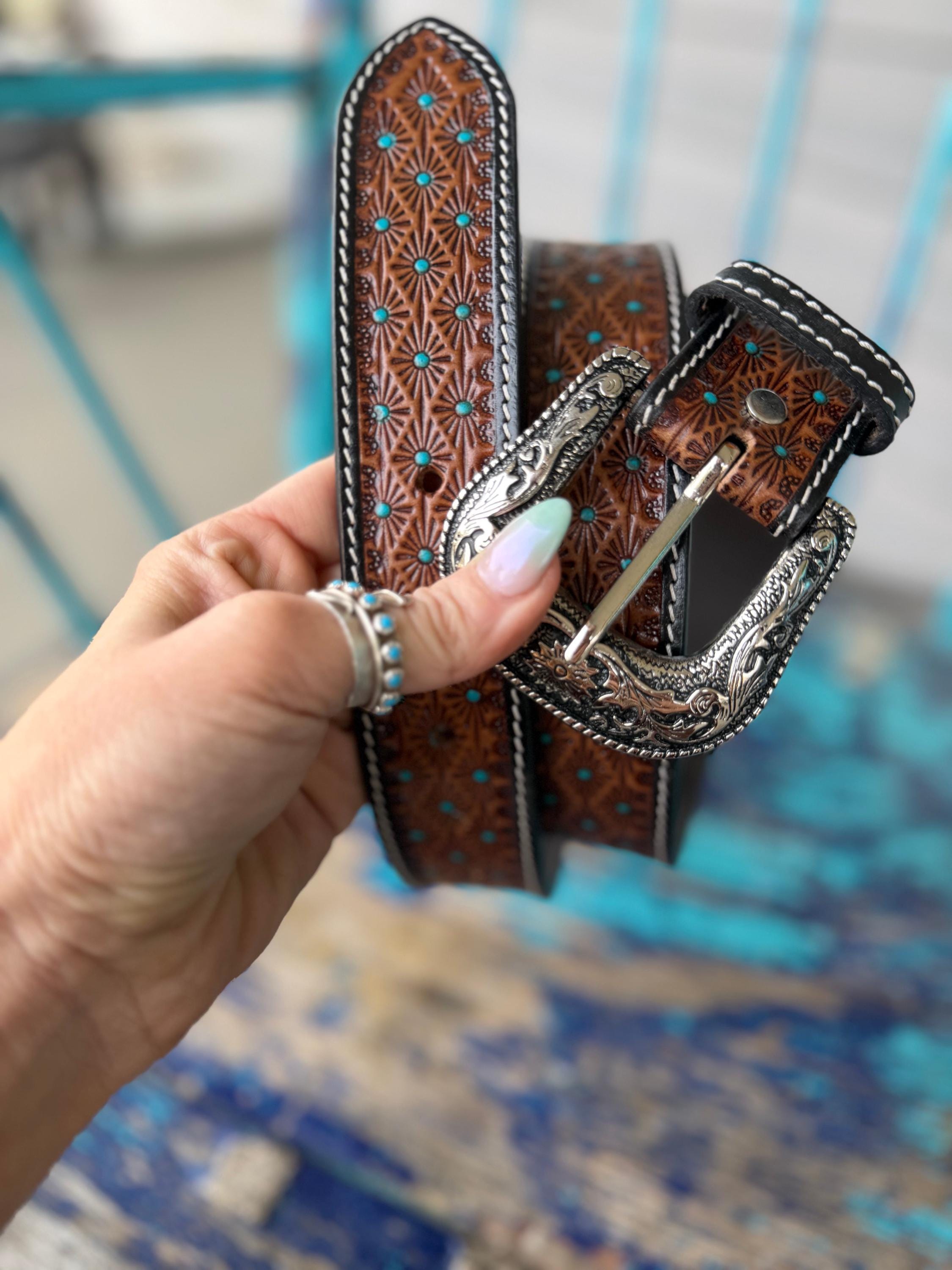 Turquoise Rhinestone Belt Turquoise Sunburst Tooled Belt - Etsy