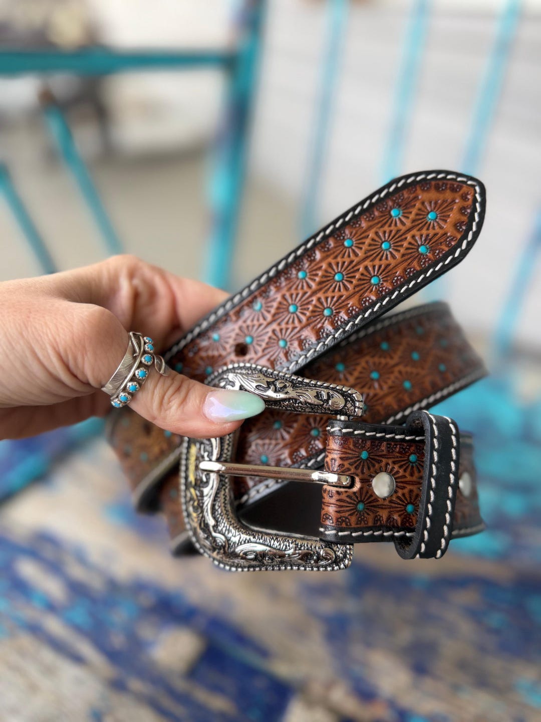 turquoise-sunburst-tooled-belt-etsy