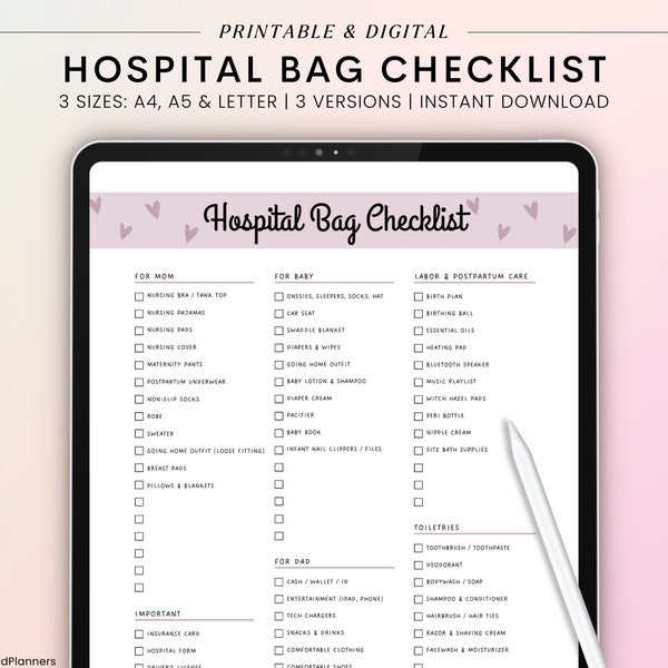Hospital Bag Checklist Printable, Labor And Delivery Checklist, Birth Packing List, Baby Hospital Bag, Mom Hospital Bag, Hospital Essentials