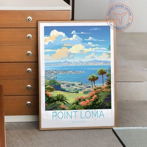 Póster de viaje a la costa de Point Loma, California, arte mural de la costa de Point Loma, San Diego, arte mural de viaje a Point Loma