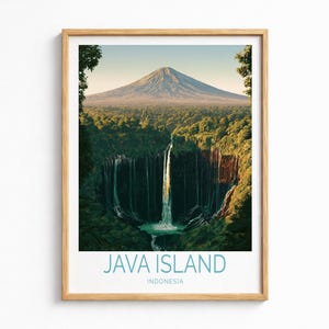 Plakat z wyspy Jawa, wydruk z podróży do Indonezji, tropikalny wodospad