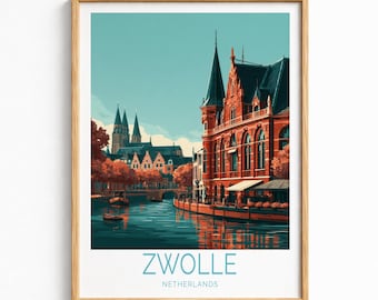 Zwolle Netherlands Poster, Dutch Canal Scene, European City Escape