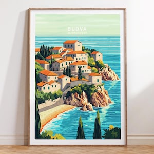 Plakat podróżniczy Budva Montenegro, sztuka ścienna podróżnicza Montenegro, wydruk podróżniczy Budva, minimalistyczny plakat podróżniczy, wystrój domu