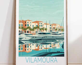 Póster de viaje de Vilamoura, Portugal, impresión de viaje de Vilamoura, impresión de arte mural del Algarve de Portugal, regalos de viaje personalizados, regalos de cumpleaños