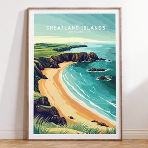 Shetland Islands Schottland Reiseposter, Shetland Islands Wandkunst, Dekoration, minimalistisches Stadtbild