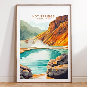 Arte mural de viajes a aguas termales, póster del Parque Nacional de Aguas Termales, impresión de viajes al Parque Nacional, decoración del hogar, póster de viajes minimalista
