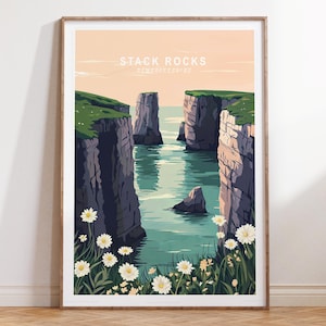 Plakat podróżniczy Stack Rocks, wydruk artystyczny Stack Rocks Pembrokeshire, wydruk podróżniczy Pembrokeshire, minimalistyczny pejzaż miejski, prezenty urodzinowe