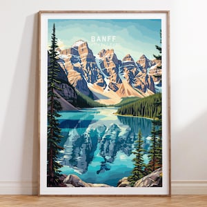 Impression d'art mural parc national Banff, affiche de voyage parc national, impression voyage Banff, affiche de voyage minimaliste, décoration d'intérieur