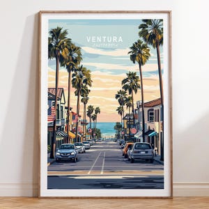 Affiche de voyage Ventura en Californie, art mural voyage en Californie, impression voyage Ventura, affiche de voyage minimaliste, cadeaux d'anniversaire