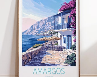 Impresión de viaje de Amorgos, Grecia, póster de viaje de Amorgos, impresión de arte mural de Grecia, póster de viaje personalizado, regalos de inauguración de la casa