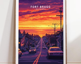 Póster de viaje de Fort Bragg, impresión de viaje de California, impresión de arte mural de Fort Bragg, California, paisaje urbano minimalista, regalos de decoración para el hogar