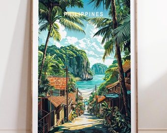 Puede incluir: Una ilustración colorida de una escena tropical en Filipinas. La imagen muestra una calle estrecha bordeada de edificios de madera, palmeras exuberantes y una vista de una bahía con acantilados rocosos en la distancia. El texto "PHILIPPINES" está escrito en letras blancas sobre un fondo azul.
