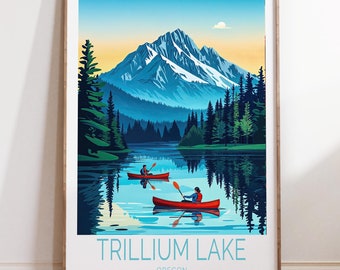 May include: A colorful illustration of a mountain lake scene with two people kayaking. The lake is surrounded by trees and the mountain is snow-capped. The text "TRILLIUM LAKE OREGON" is at the bottom of the image.