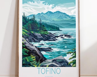 May include: A colourful illustration of a coastal landscape with a mountain range in the background, a rocky shoreline, and turquoise water. The text "TOFINO CANADA" is at the bottom of the image.