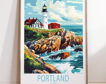 Póster de viaje a Portland, Maine, arte mural de viaje a Maine, impresión del faro de Portland, regalo de cumpleaños, regalo de boda